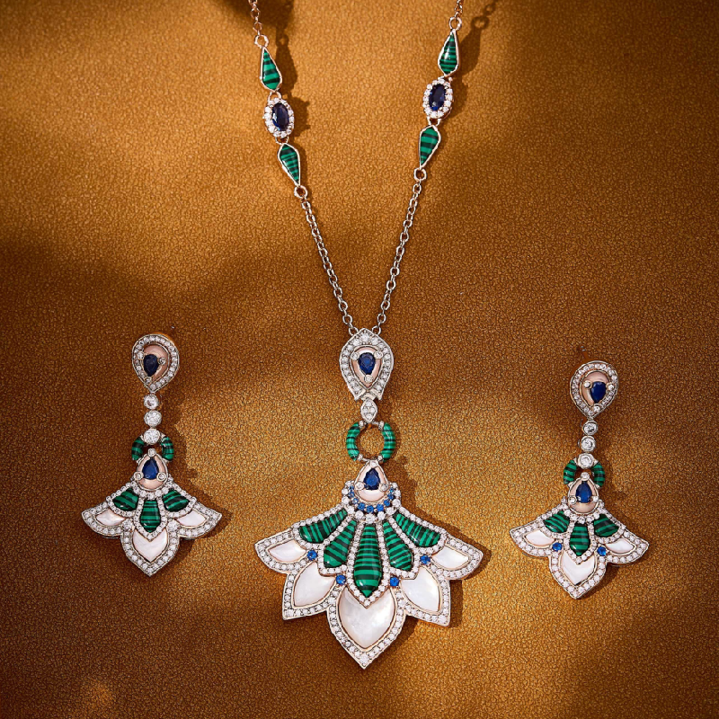 Designer Collection Style Stud Earrings Necklace Women Lady Inlay Cubic Zircon Diamond Mother Of Pearl Malachite Pendant Dinner Party Jewelry Sets