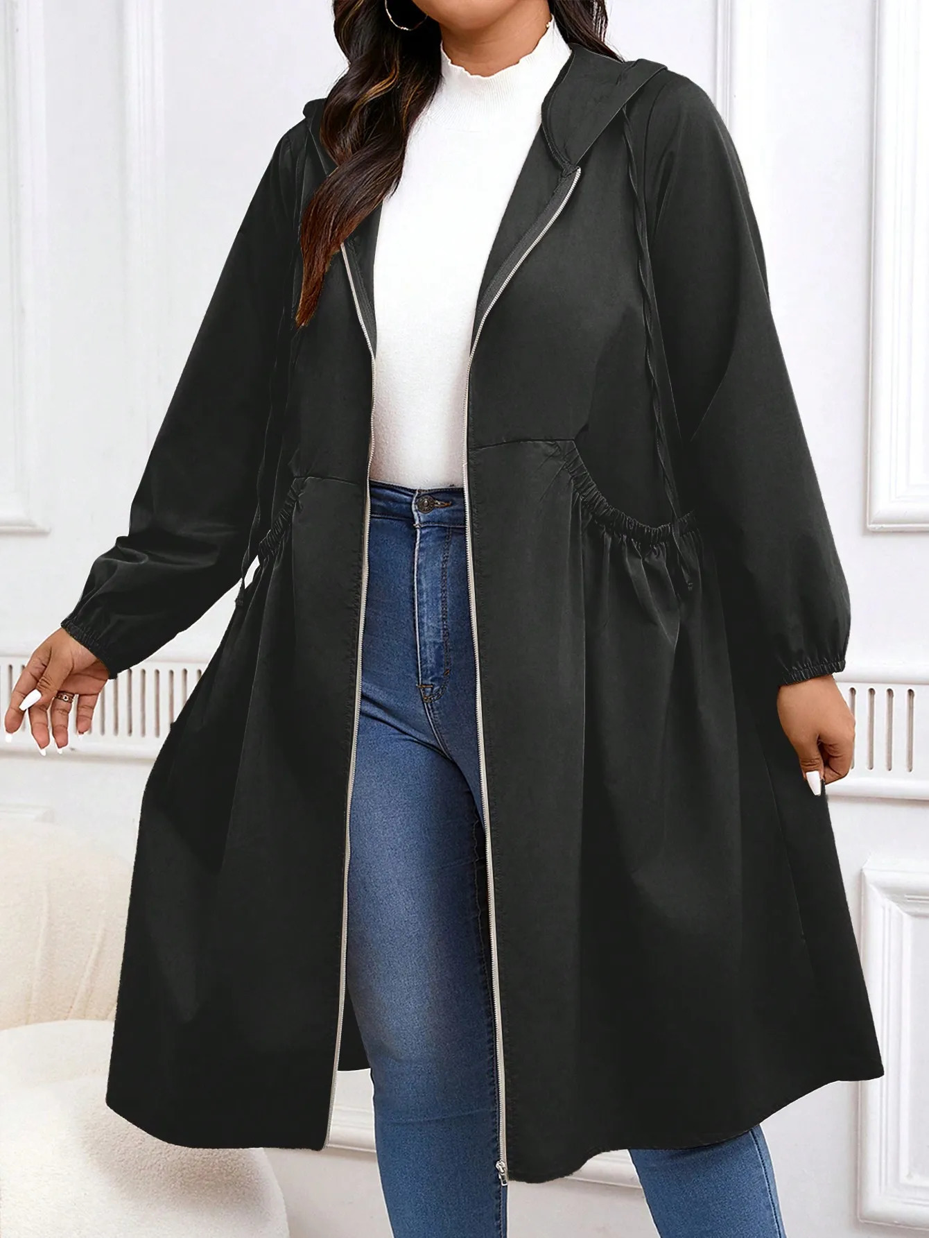 Plus Size Solid Drawstring Zip Up Hooded Coat Casual Long Sleeve Pocket Outerwear for Fall Winter Womens Clothes Daily 250818