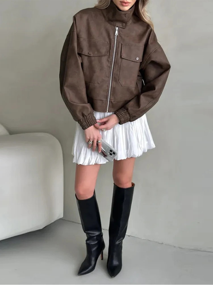 PU Leather Zipper Short Jacket Women Lapel Long Sleeve Loose Pocket Street Coat 2025 Autumn Motorcycle Female Bomber Outwear 250818