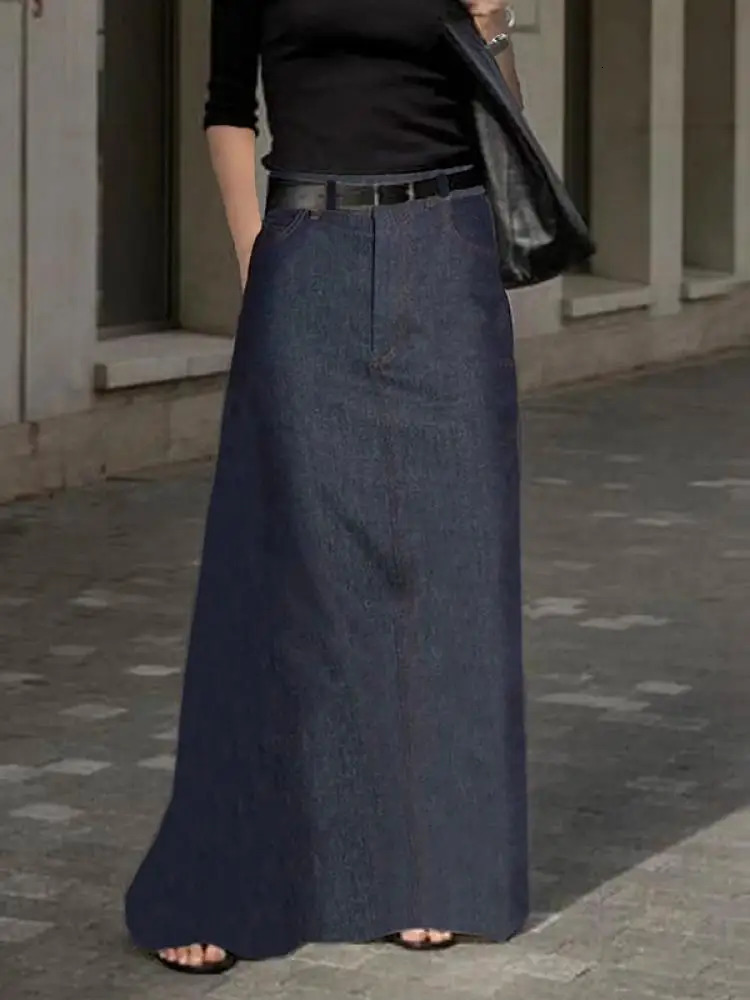 Fashion Denim HLine High Waist Skirts Spring Summer Loose Solid Color Pockets Maxi Skirt For Women 250818