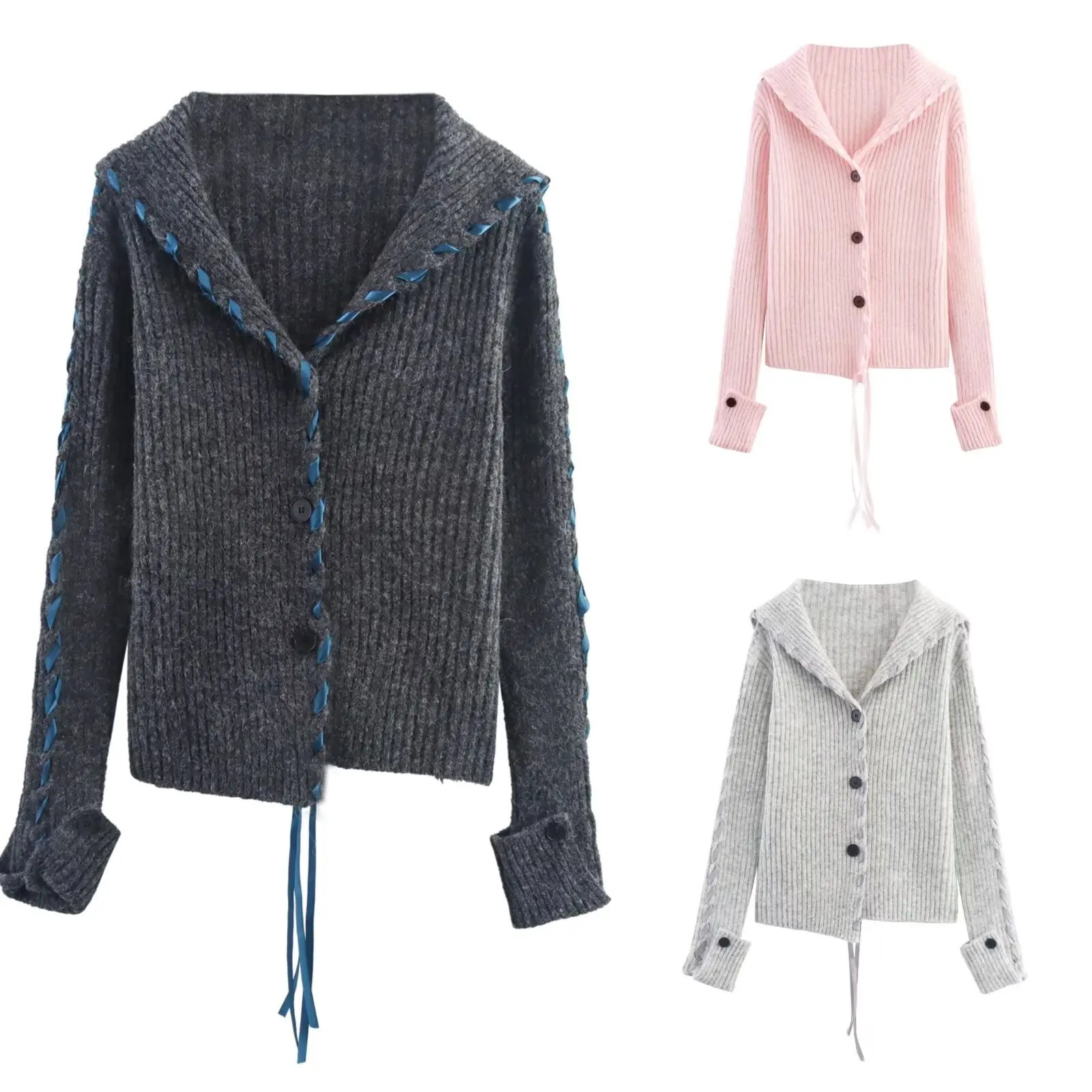 Women AZRAF Autumn Fashion Asymmetric streamer Trim Knitted Cardigan Sweater Vintage Casual Female set 2 pieces 250818