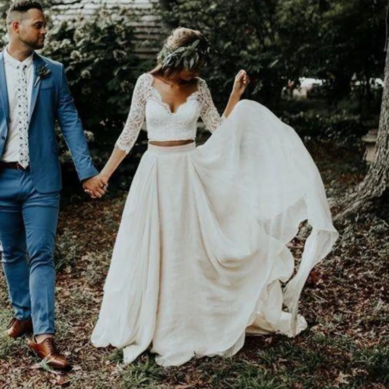 Boho Wedding Dress 3/4 Long Sleeves A Line White Ivory Chiffon Lace Princess Beach Bride Two Pieces Wedding Gown