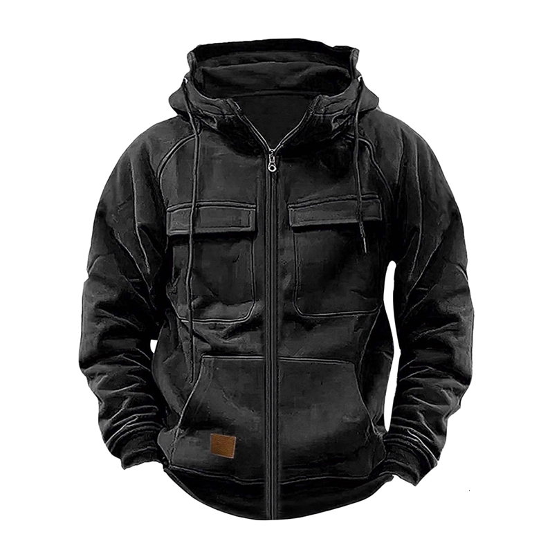 Autumn Winter Mens Hooded Solid Hoodies Jackets Multi Pockets Male Zipper Sweatshirts Sports Outdoor Casual Hoodie Coat250819ww