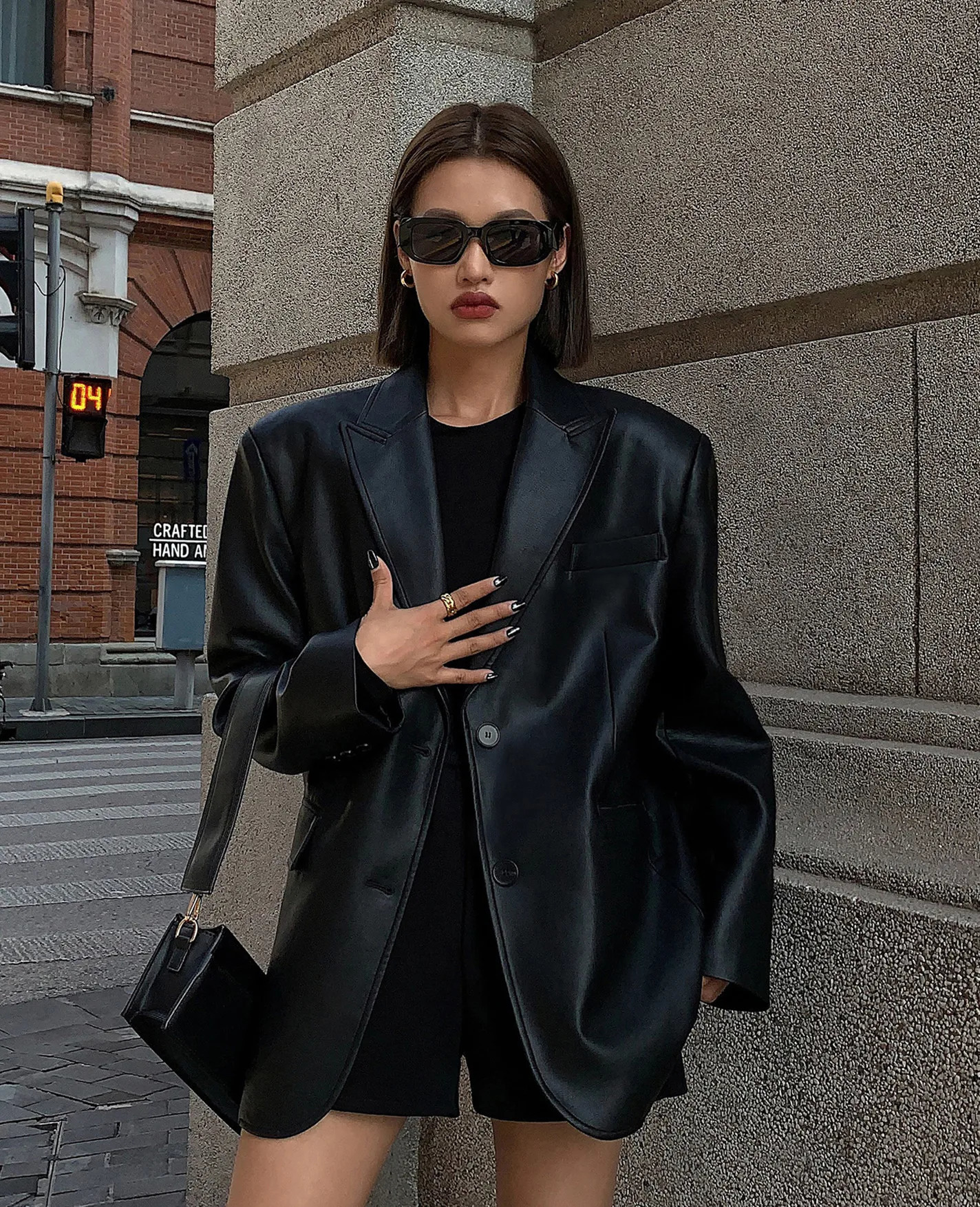 Vintage Black High Quality Leather Loose Blazer Biker Coat Women Casual Long Sleeve Flap Pocket Suit Jacket Oversized Streetwear 250818