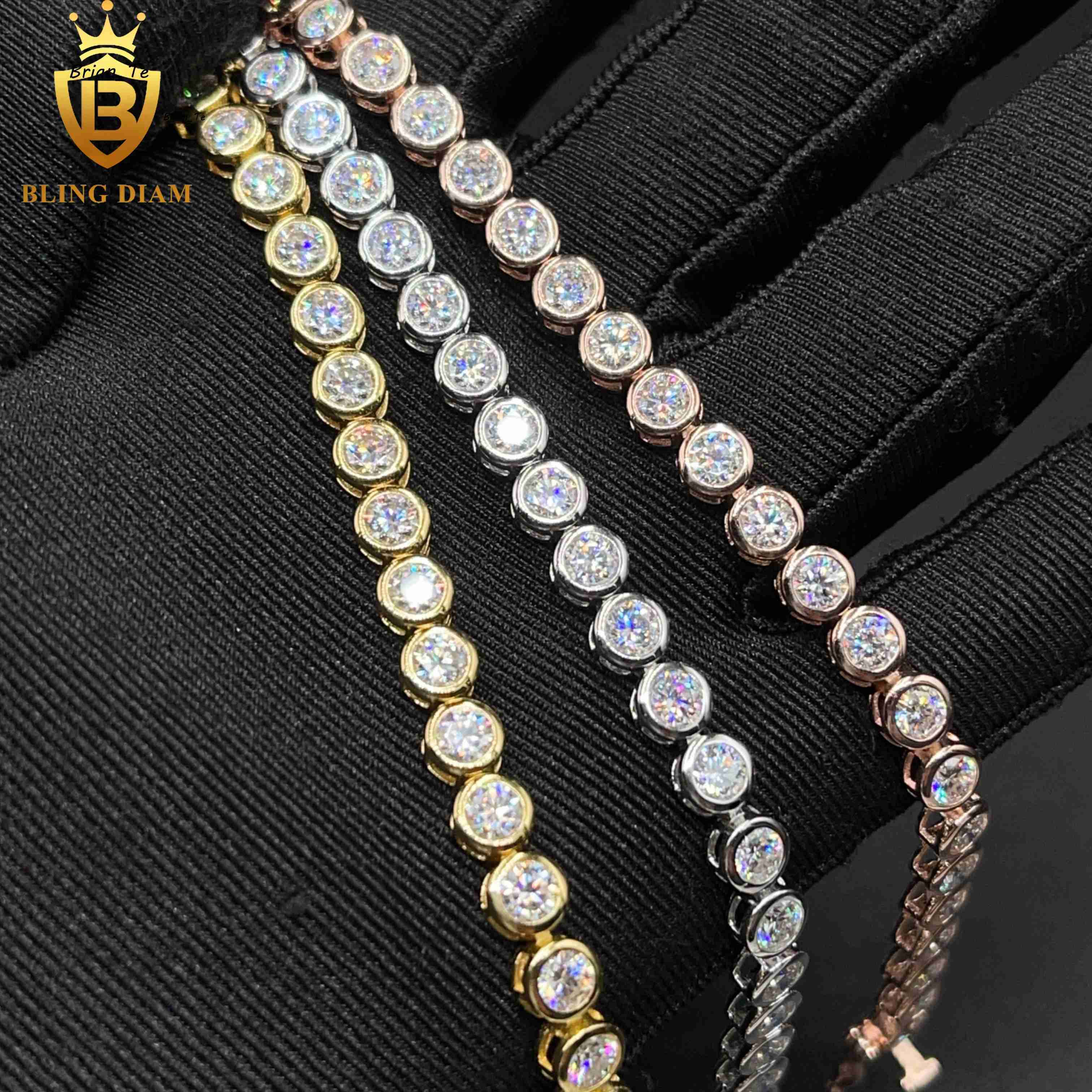 Blingdiam Jewelry 925 Sterling Silver Gold Plated VVS Moissanite Diamond Tennis Chain 4mm Bracelet