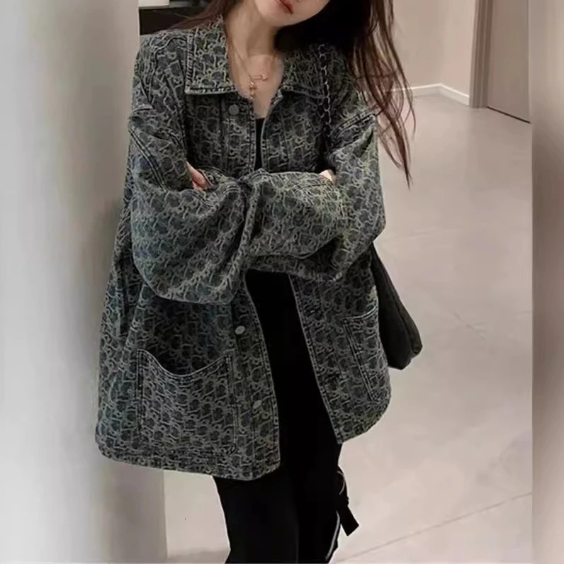 Women Denim Coats Print Single Breasted Coat Casual Turn Down Collar Y2k Streetwear Jackets Splice Jacket Vintage Spring 250818