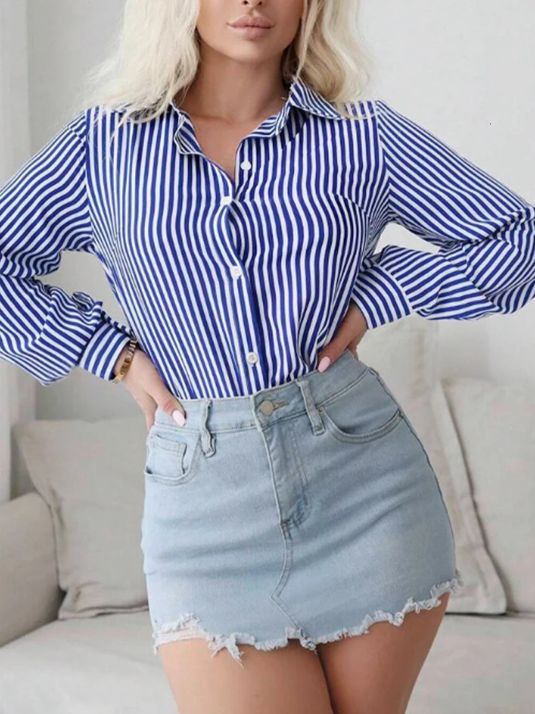 Womens street style thin classic business blue and white striped buttonup lapel longsleeved shirt 250813