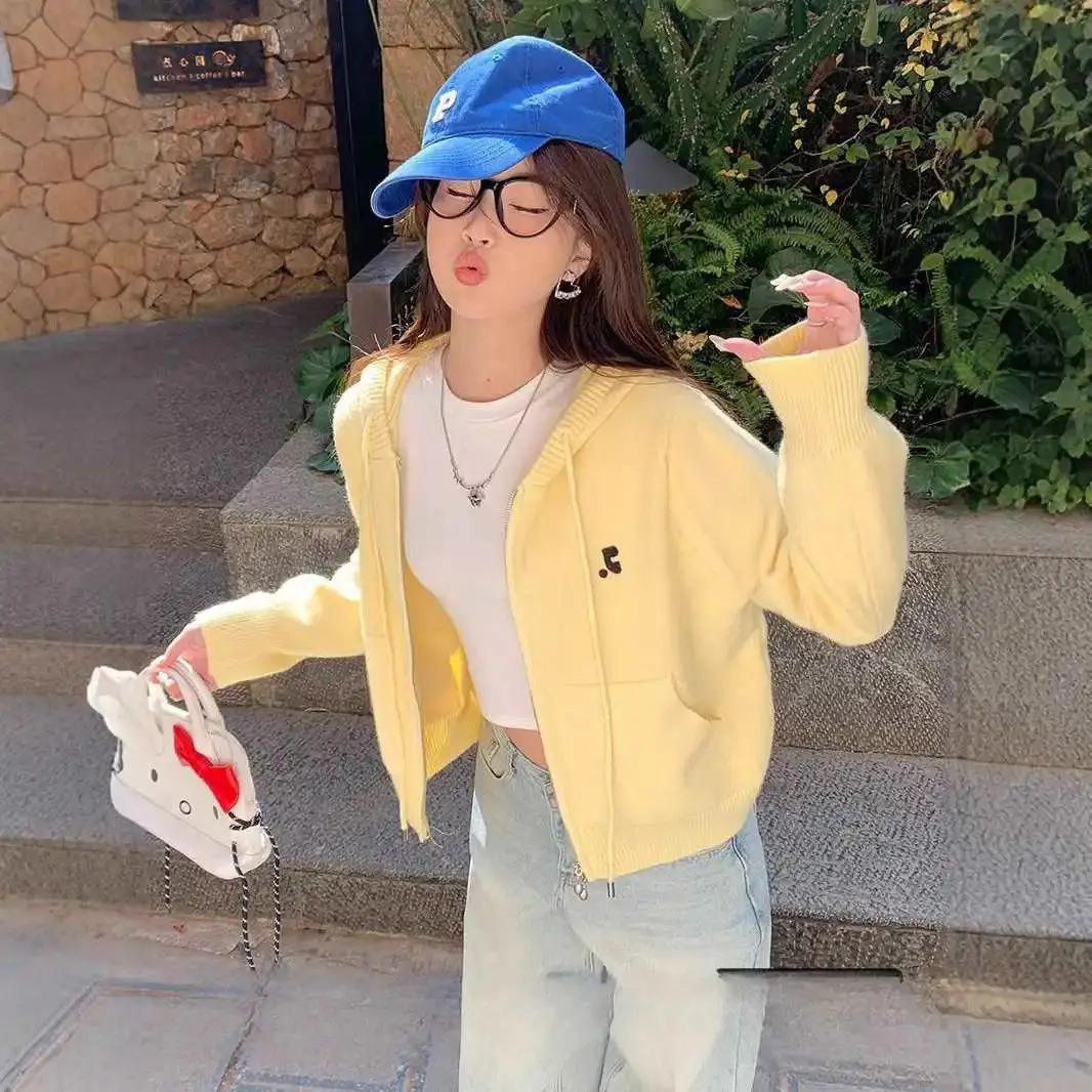 Cardigan à capuche en tricot coréen jaune talon de chute courte pour femmes au printemps, top 250818