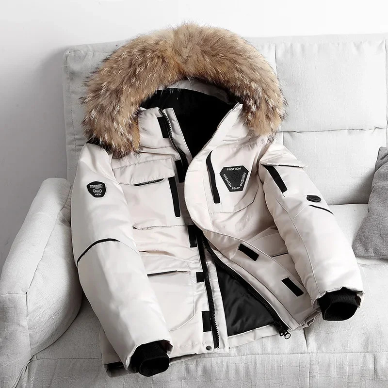 -30 degrés de canard blanc bas parkas hommes Homme à soupe de vent épaississeur multi-poche à coucher collier de fourrure à capuche épaisse veste
