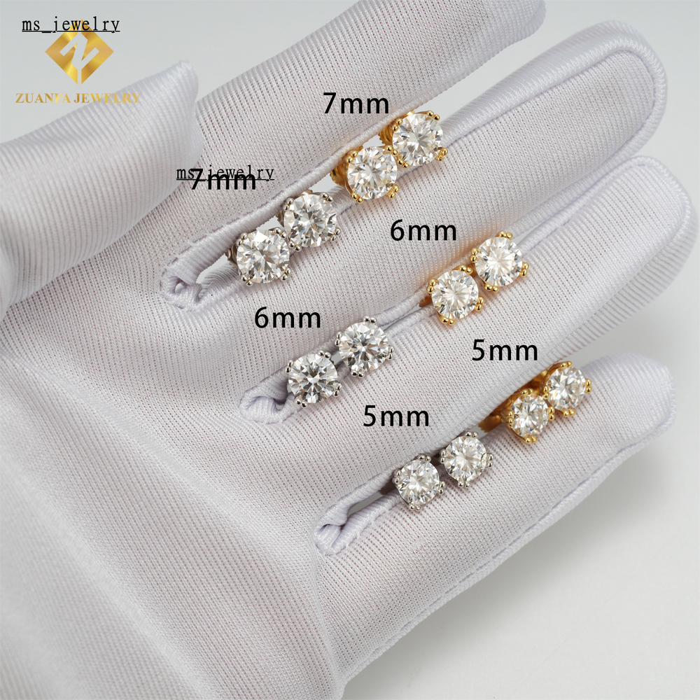 925 Sterling Silver Luxury Women Men VVS Moissanite Ear Stud 5mm 6mm 7mm 4 Prong Diamond Stud Earrings Pass Diamond Tester