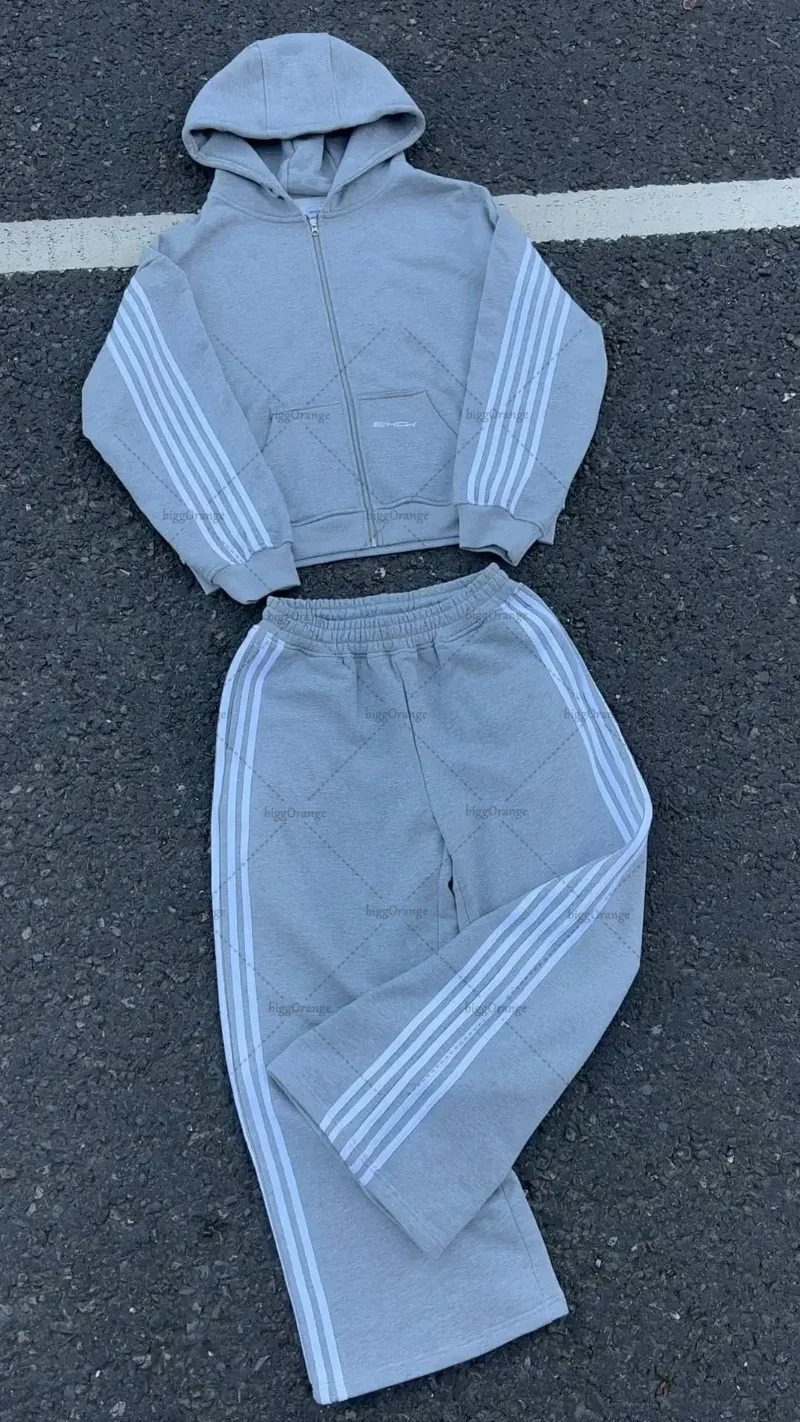 Y2K décontracté à capuche à fermeture éclair surdimensionné en vrac pantalon twopiece set harajuku rétro street hiphop rayé pantalon 250818