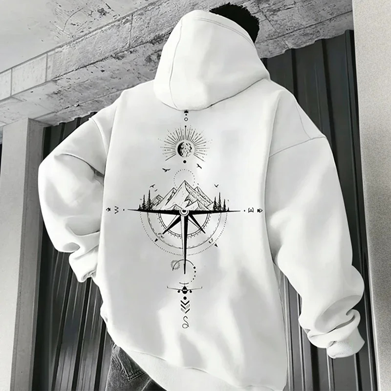 Vintage Compass Print Hoodies for Men High Quality Hooded Long Sleeve Pullover All Season Daily Casual Sports Tops Mens Clothes250819