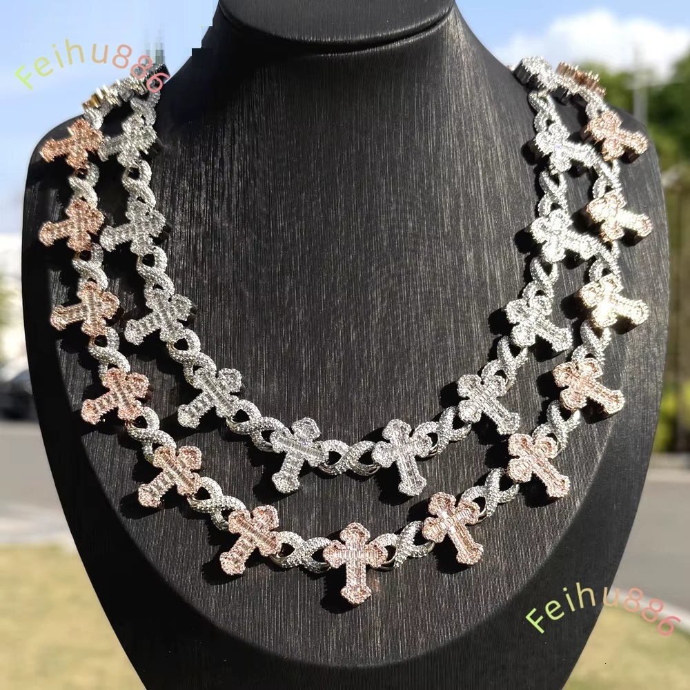 Iced Out Bling 2025 New Hip Hop Men Jewelry Moissanite Paved Cross Infinity Cuban Chain Necklace