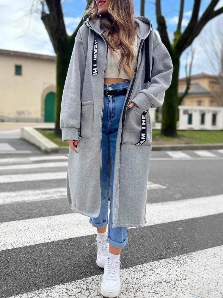 2024 AutumnWinter Fashion Womens Elegant Loose Warm Coat Splicing Casual Commuting Style Hooded Cardigan Zipper Hoodie 250808