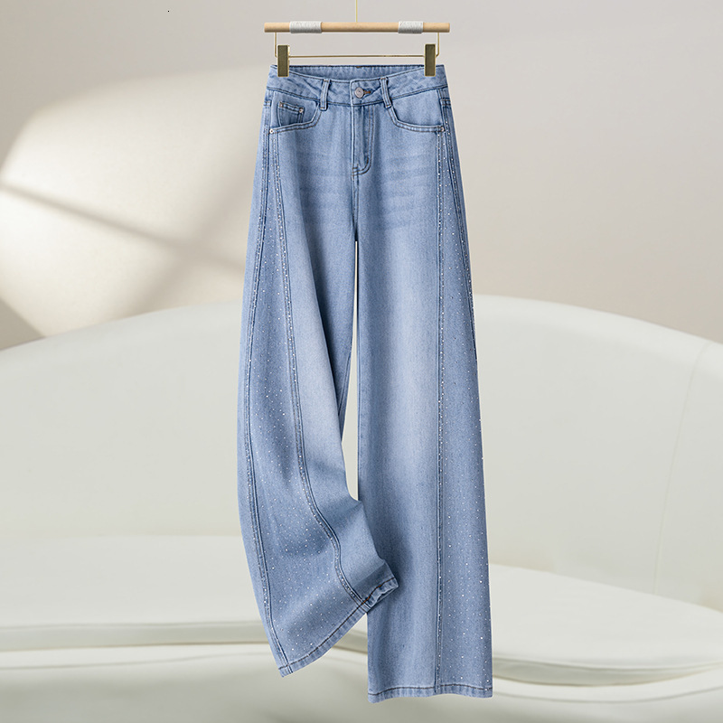 Livraison gratuite Designer Femme Femme High Waited Wide Jams Jeans 2025 Nouveau pantalon en strass à chaud, texture haut de gamme, pantalon plis