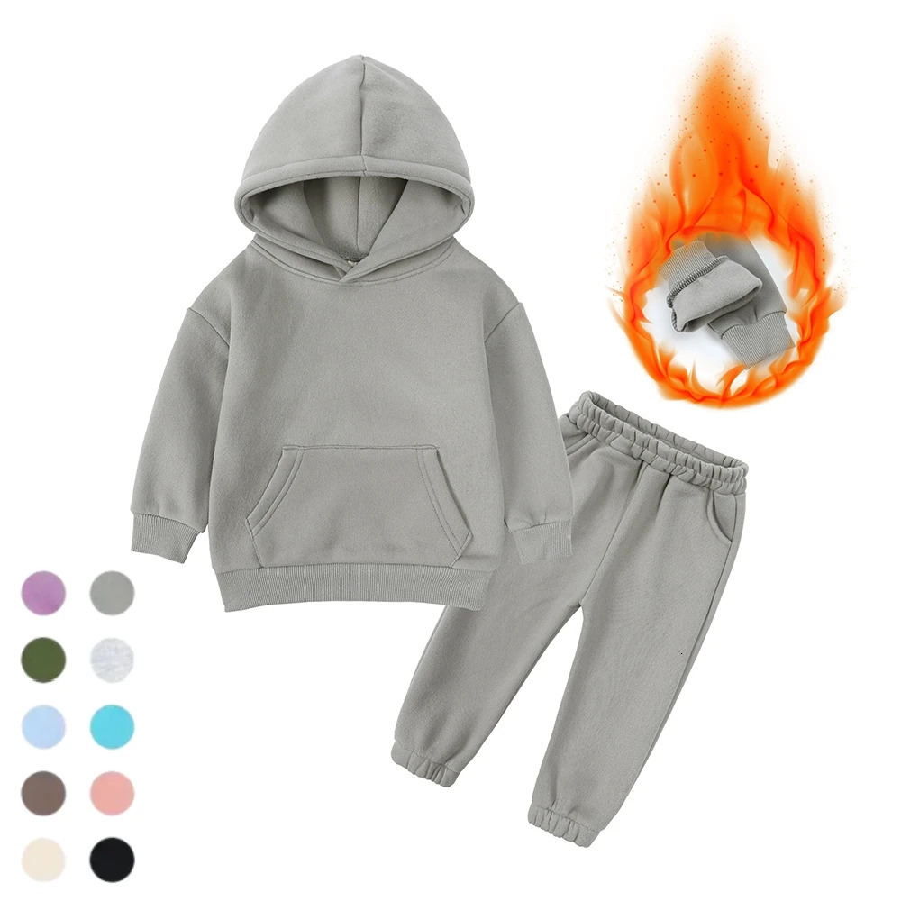 Winter Children Fleece Outfits Toddler Warm Thicken Cotton Soild HoodiesPants Tracksuit Kids Boy Girl Sweatsuits Sets 250818