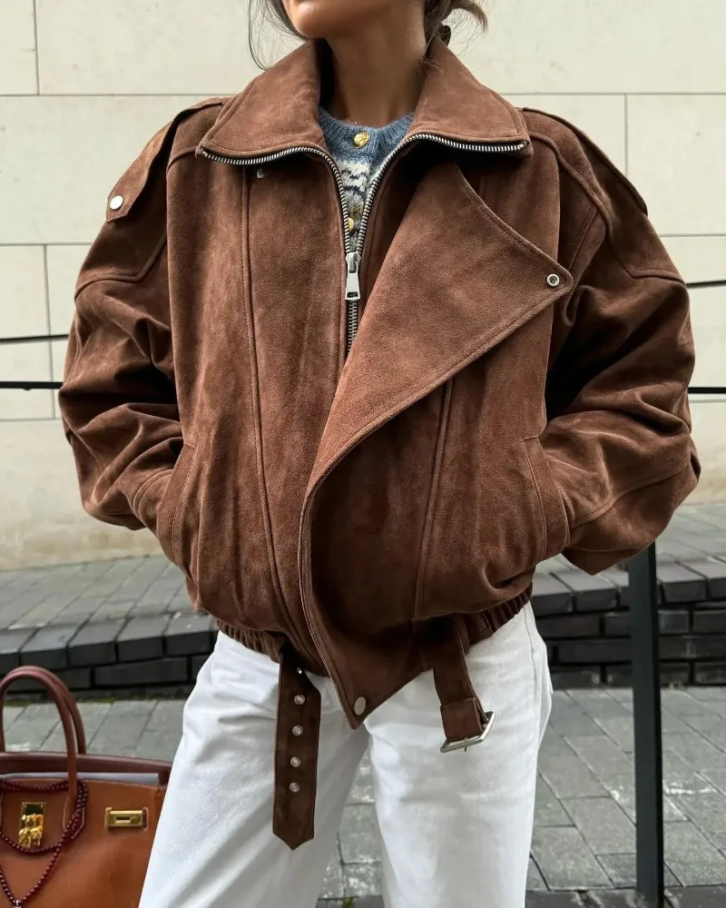 European and American Brown Lapel Irregular Short Loose Jacket Retro Maillard Fashion Casual Top 250818