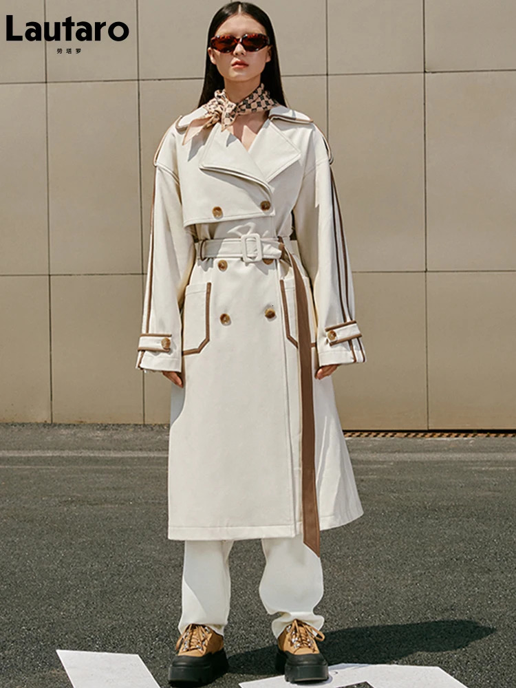 Lautaro Spring Autumn Long Color Block Pu Leather Trench Coat for Women Belt Pockets Loose Stylish Clothes 250818