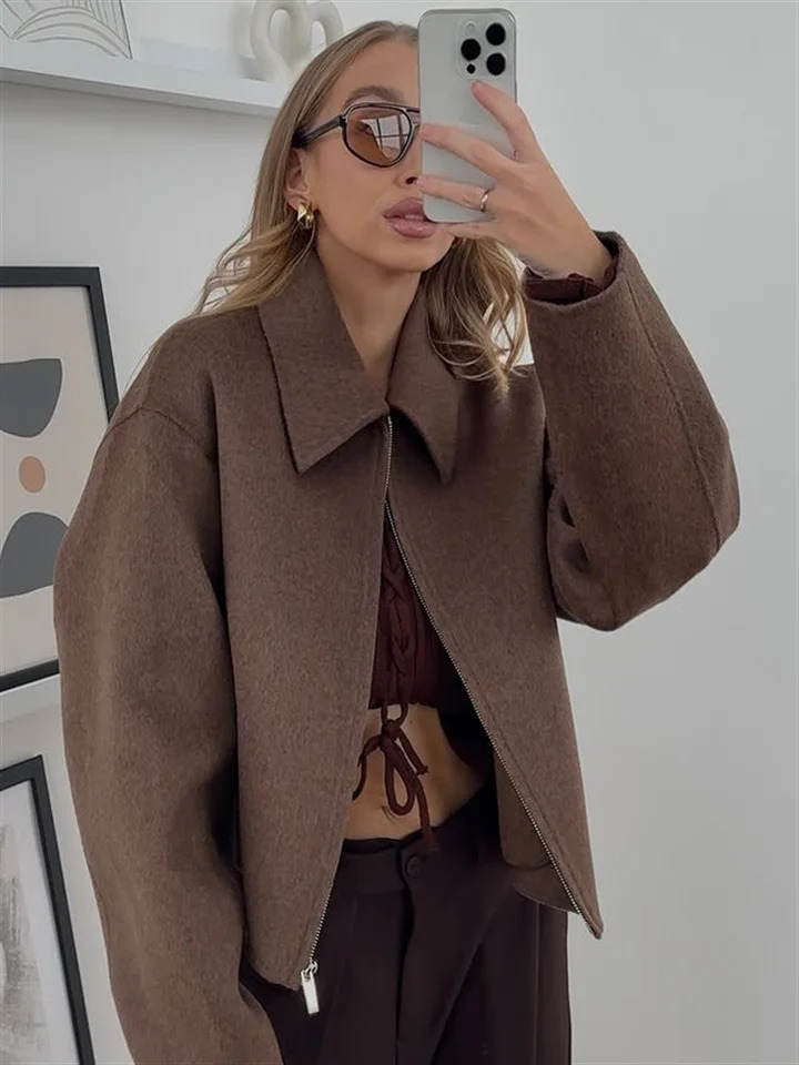 Vintage Brown Jacket For Women Loose Laple Long Sleeve Zipper Thicken Female ShortsCoats 2025 Spring Autumn Lady Outwears 250818