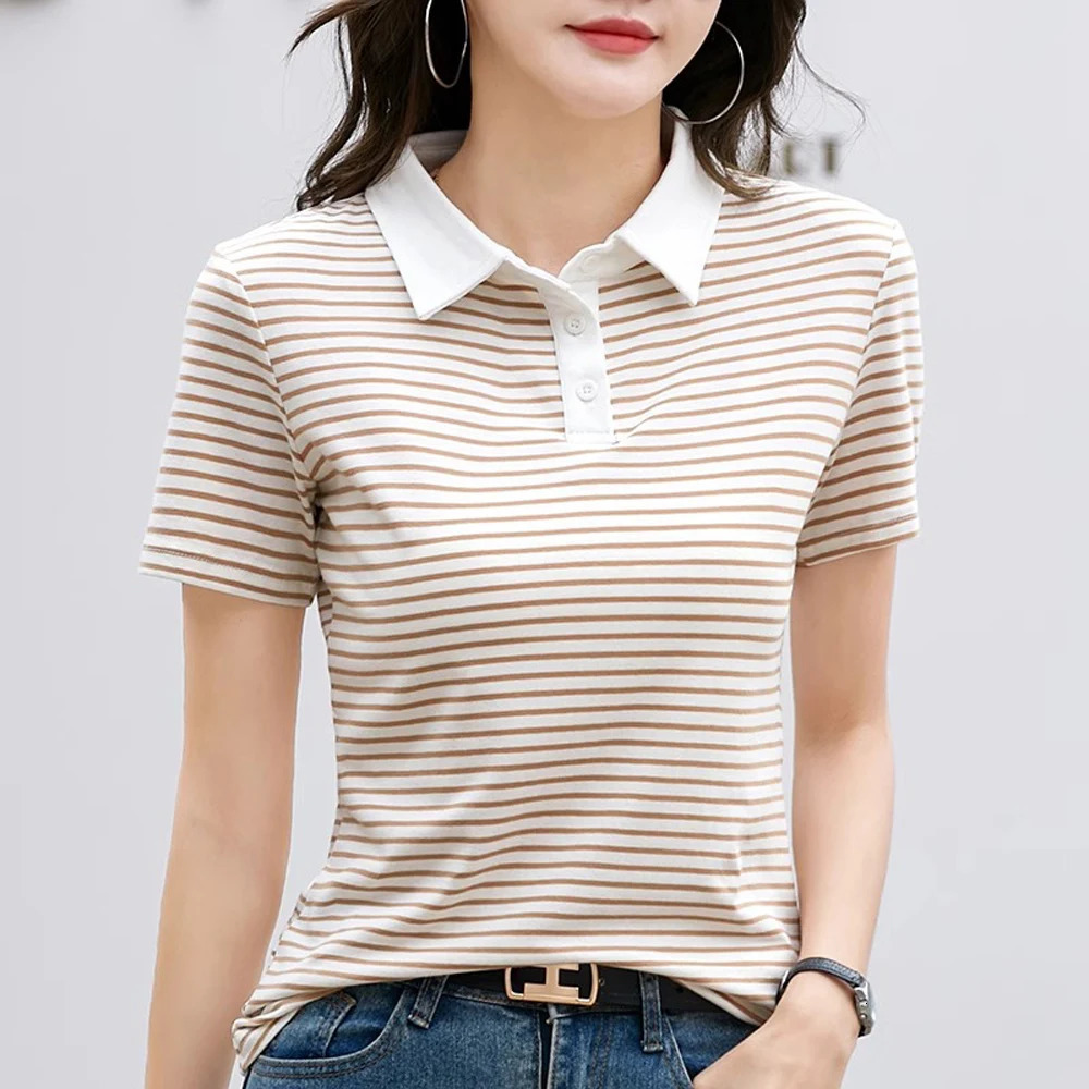 Tshirt à manches à manches courtes coréen à rayures à rayures à rayures pour femmes