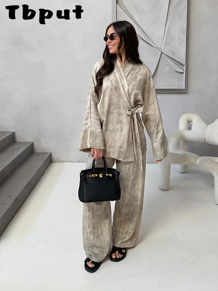 Vintage Womens Trouser Suits Loose V-neck Lace Up Long Sleeve Shirts Wide Leg Pants 2025 Spring Summer 2 Pieces Set Women 250818
