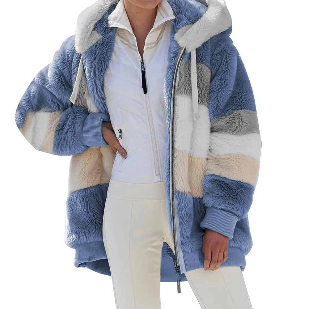 Oversized Jacket for Women Coat 2025 Autumn Winter Warm Plush Pocket Hooded Streetwear Loose Lady Zipper Cashmere Outerwear Coat 250818