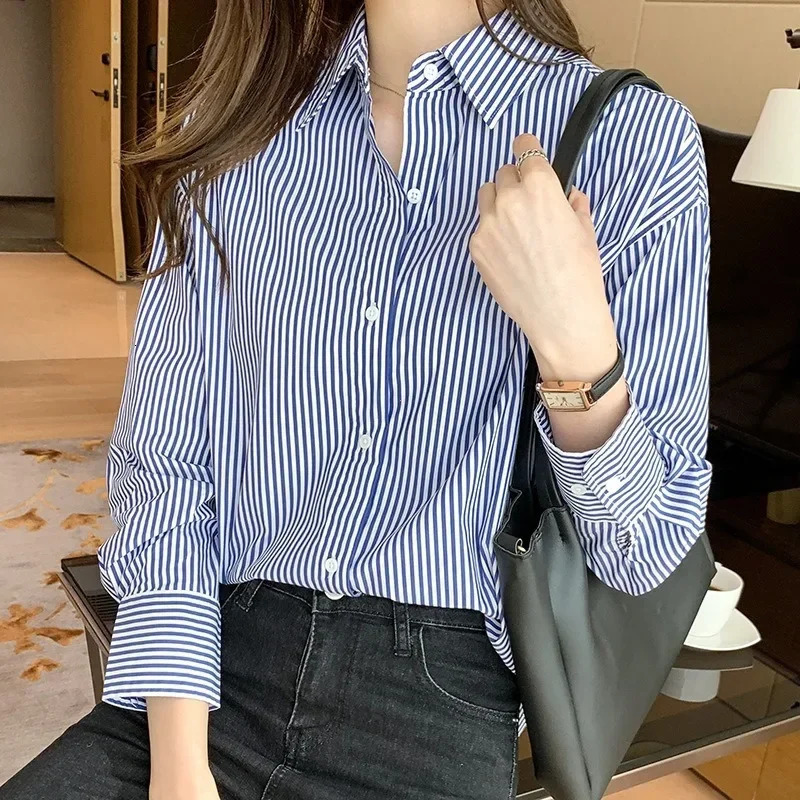 Korean Loose Shirt Classic Striped Woman Spring Autumn Blouses Lady Long Lantern Sleeve Stand Collar Blusas Tops 250813