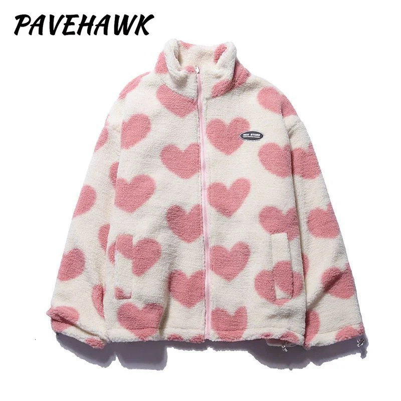 Women Double-sided Lamb Fur Plush Coat Couple Loose Heart Print Love Padded Jackets Casual Zipper Winter Stand up Collar Outwear 250818