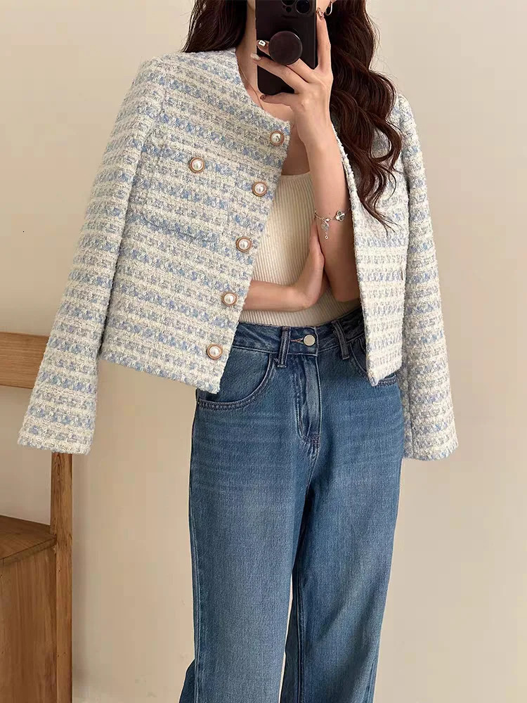 ITOOLIN Autumn Winter Women Elegant Tweed Cardigan Short Coat With Pocket Single Breasted Jacket For Women Loose Outwear 2024250819