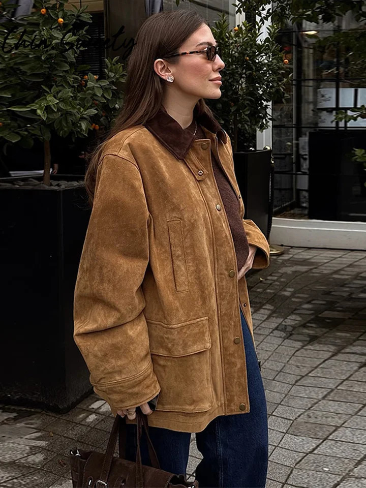 Vintage Patchwork Women Jacket Casual Lapel Long Sleeve Covered Button Female Coat 2025 Spring Autumn Urban Lady Streetwear 250818