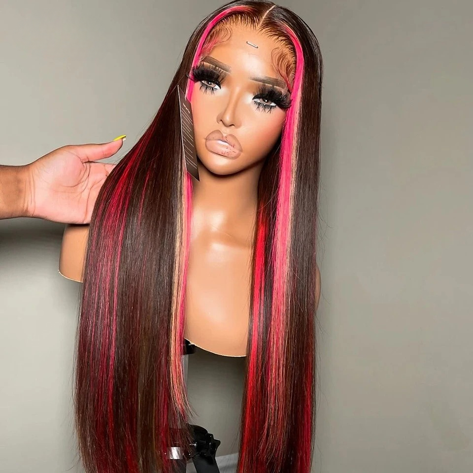 Highlight Pink and Blonde 180 Density Straight Human Hair Wig HD Transparent 13X4 Lace Front Wigs Brown Highlight Wig Wear And Go Synthetic For W