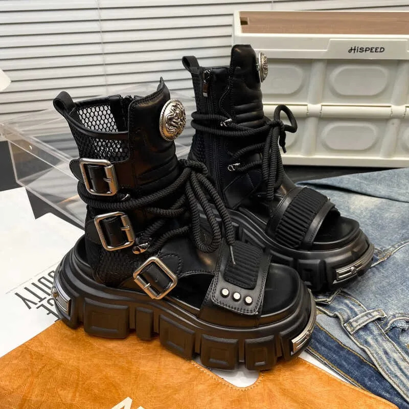 Women Summer Cool Boots Metal Decoration Retro Sandal Platform Hollow Out Punk Belt Buckle Sandals Large Size Botas Mujer 250819