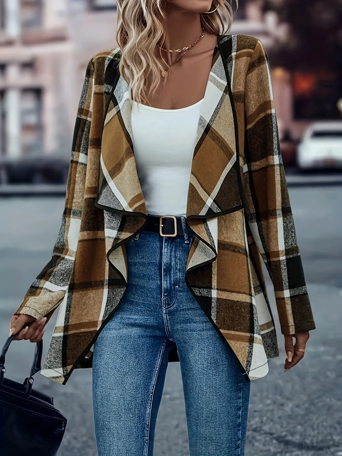 Women Plus Size Woven Open Front Long Sleeve Checkered Pattern Casual Jacket Classic Plaid Outerwear for Spring Autumn 250818