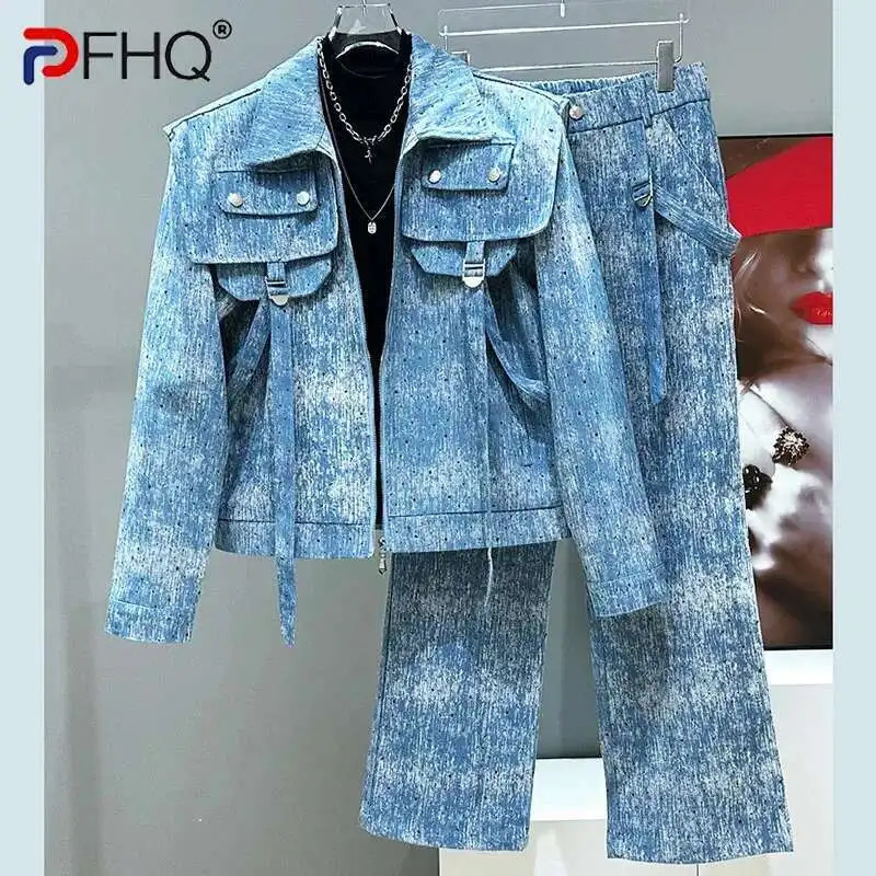 PFHQ Trendy Fashion Denim Short Mens Jacket Set Straight Leg Jeans Two Piece Set Trendy Male Sets 21E2074250819