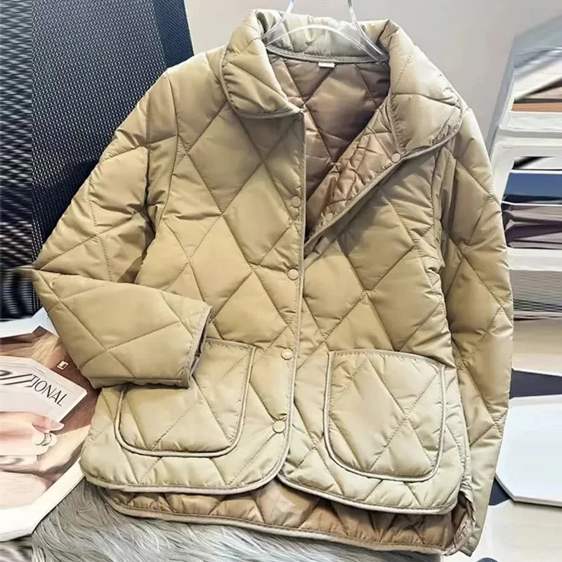 Spring Autumn Short Cotton Coat Women Rhomb Light Casual Down Jacket Big Pocket PuffeJr Coats Female 250818