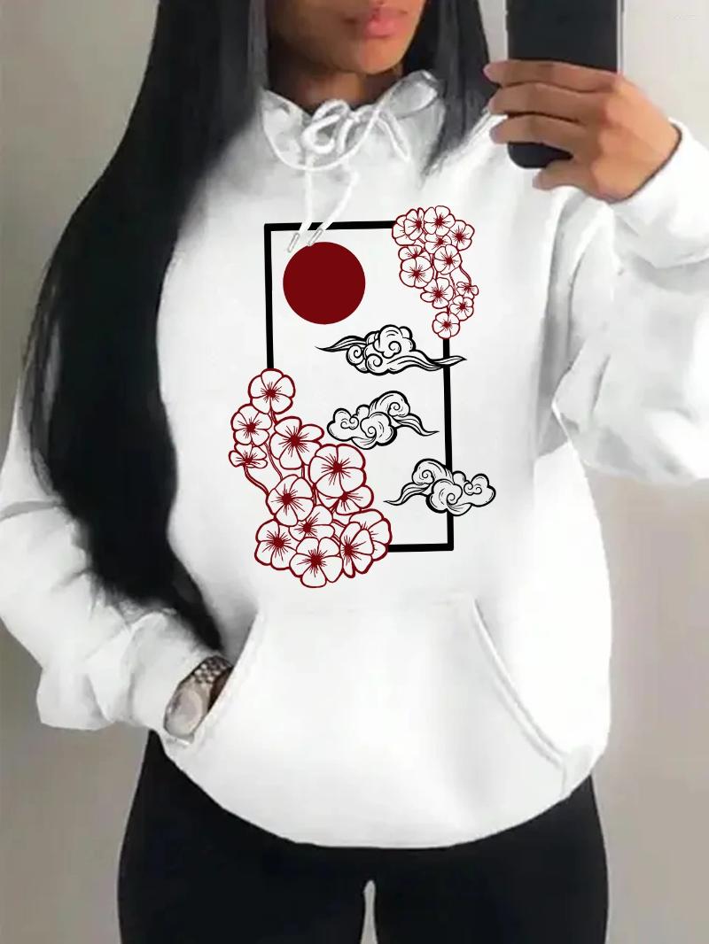 Women's Hoodies Harajuku Japanese Sunset Cherry Blossom Print Hoodie Autumn Pocket Loose Clothing Casual Pullover Women Top