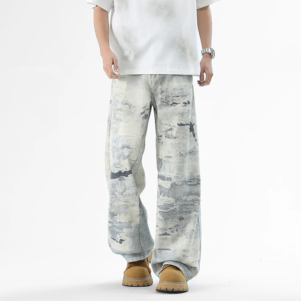 High Streets American streetwear ripped print loose jeans for mens outdoor street style retro casual trousers 250818