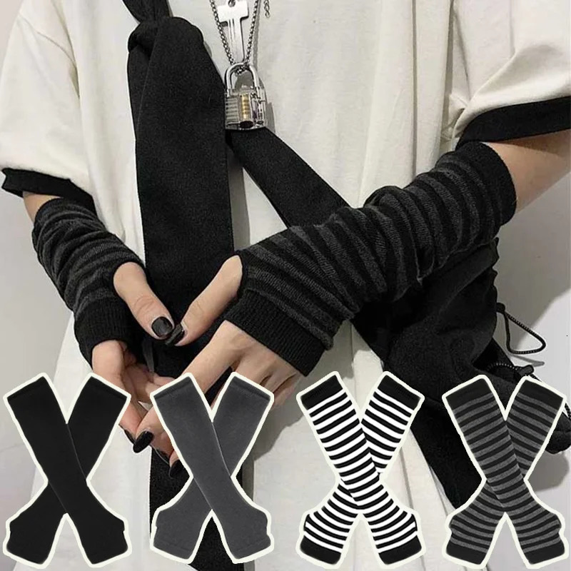 Y2K Gothic Lolita Gloves Arm Cover Harajuku Warmers Black Grey Striped Fingerless Punk Long Wristband Metallic Unisex 250811