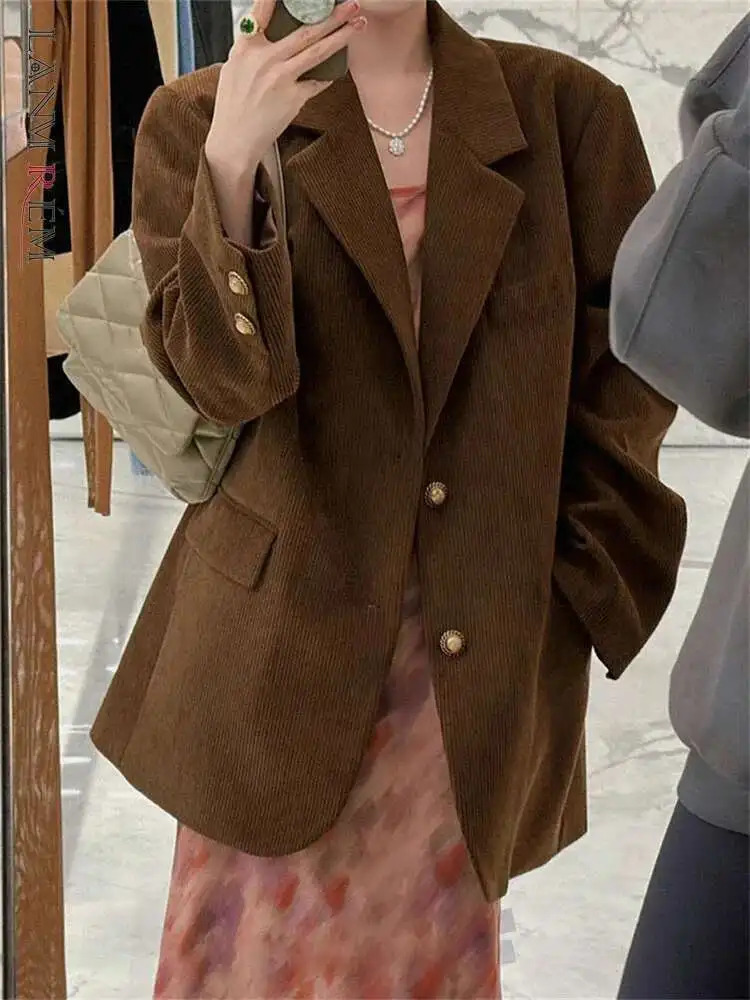LANMREM Vintage Corduroy Womens Blazer Notched Collar Single Breasted Solid Color Loose Coat Fashion 2025 Spring 2AA4910 250818