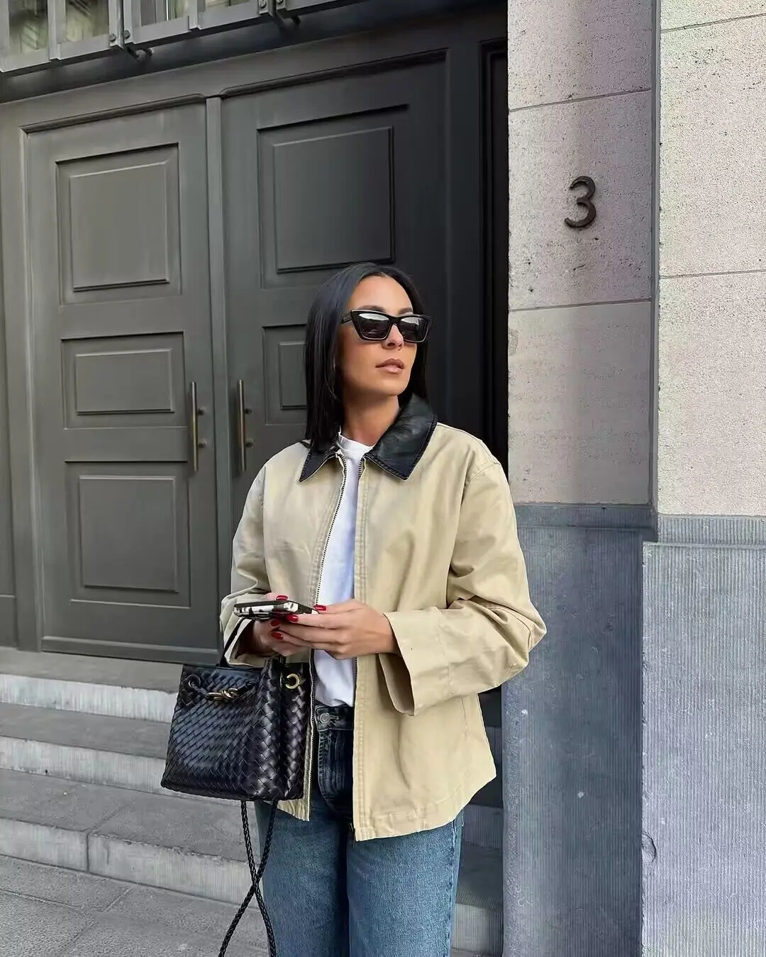 Casual Pu Contrast Jacket Women Long Sleeve Lapel Zipper Patchwork Jackets Autumn Street Pockets Coats Lady 250818