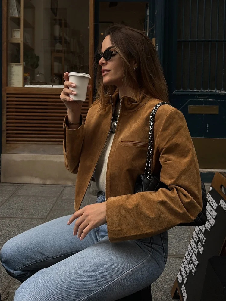 Chic Street Suede en cuir veste en cuir pour femmes collier de support élégant à manches longues à manches courtes courtes de printemps Lady Exté