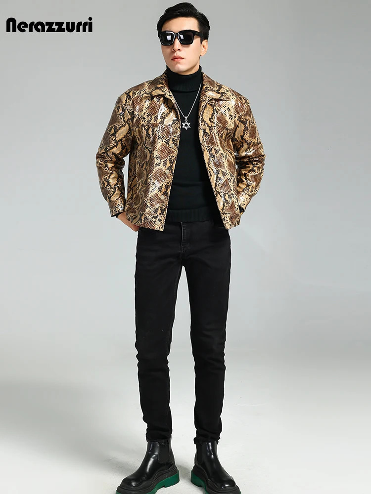 Nerazzurri Autumn Short Handsome Cool Colorful Snakeskin Print Pu Leather Jacket Men European Style Clothes EU Size250819