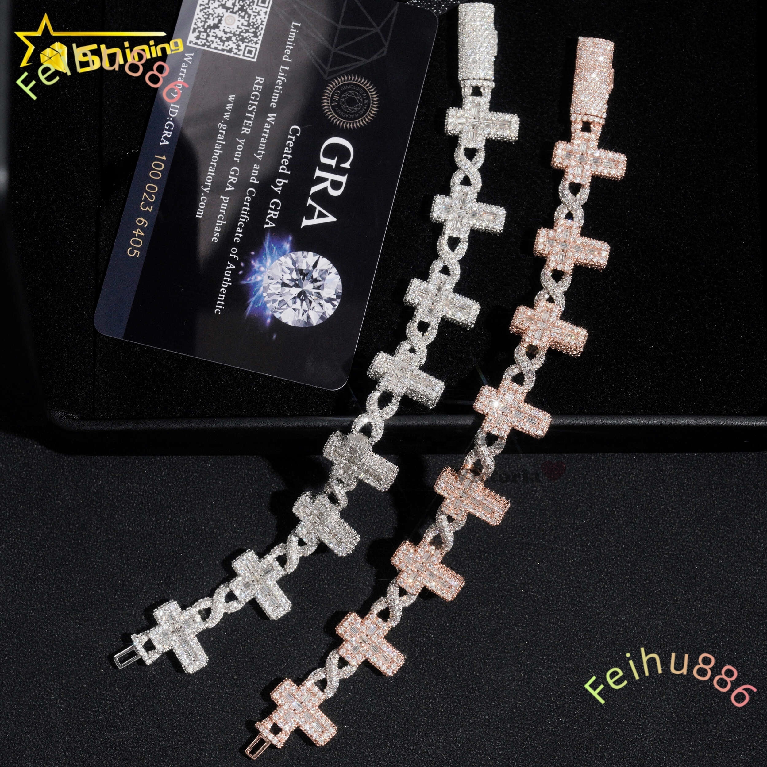 New Hip Pop Jewelry Design S925 Silver Moissanite Bracelet Pass Diamond Test Baguette Moissanite Diamond Cross Cuban Bracelet