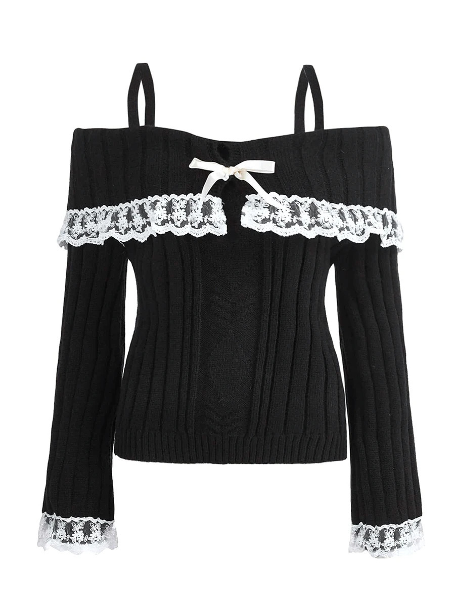 Womens Cold Shoulder Sweaters Long Sleeve Lace Trim Knit Pullovers Bow Front Jumpers Tops Fall Winter Y2K Clothes 250902BJ
