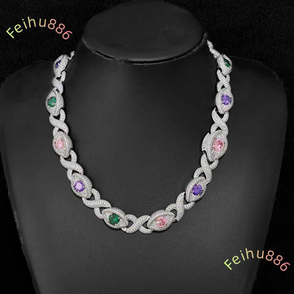 Colorful Big Moissanite Diamond Eye Shape Silver Infinite Cuban Link Hip Hop Jewelry Iced Out Cuban Chain Necklace for Women