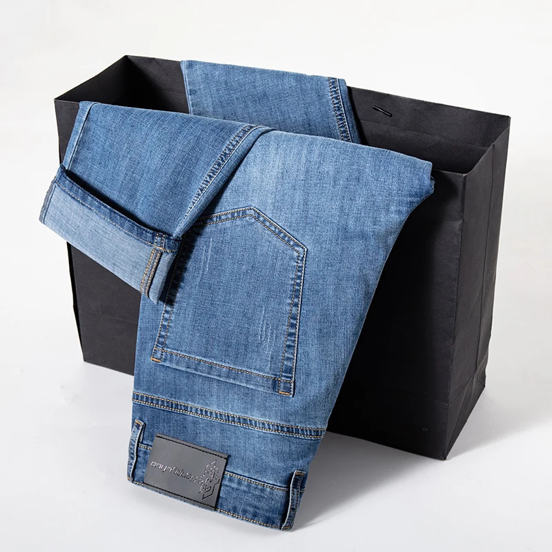 2025 Thin Material Mens Elastic Cotton Jeans Fashion Sky Blue Comfortable Denim Business Casual High Waist Pants250813
