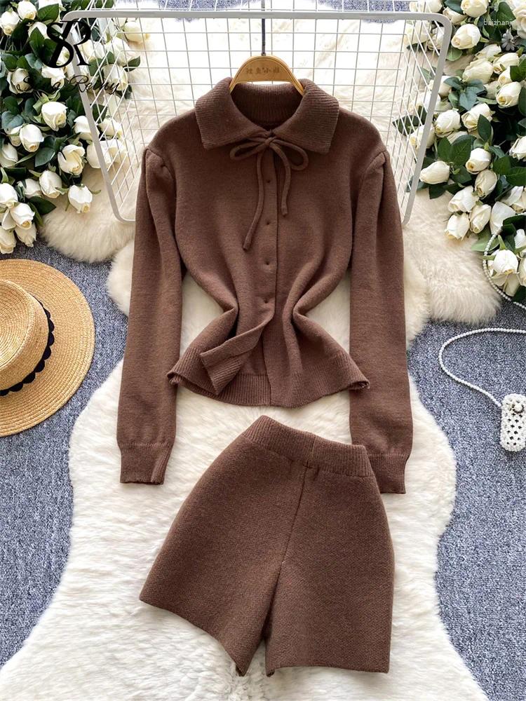 Women's Tracksuits SINGREINY Autumn Senior Knitted 2pcs Suits Female Full Sleeves Buttons Tops Basic Mini Short Vintage England Styles