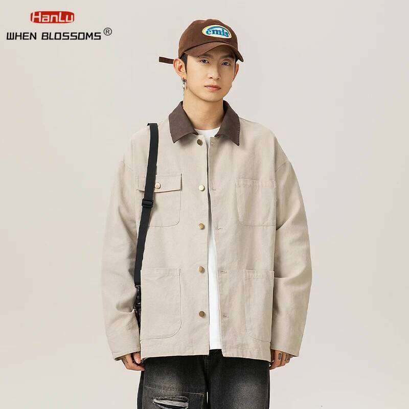 HANLU Autumn/Winter Detroit 100% Cotton Jackets Felt Style Mens Jacket Japanese Streetwear Korean Fashion Coats