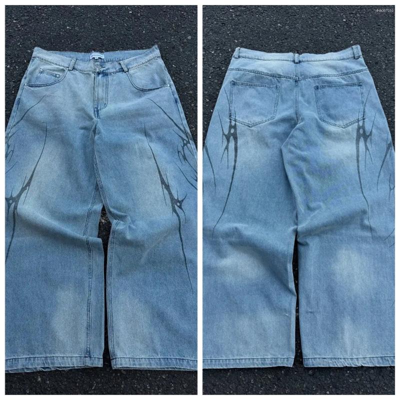 Men's Jeans Y2K Geometric Gothic Flame Pattern Loose Contrast Color Surface Light Wash Sky Blue Wide-leg Pants Men Fashion Block