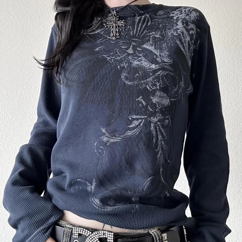 Y2K GRUNGE CYBER MALL Goth T-shirt thermique Skulls Graphic Imprime à manches longues Tops Femmes 90S Vintage Aesthée TEES250819